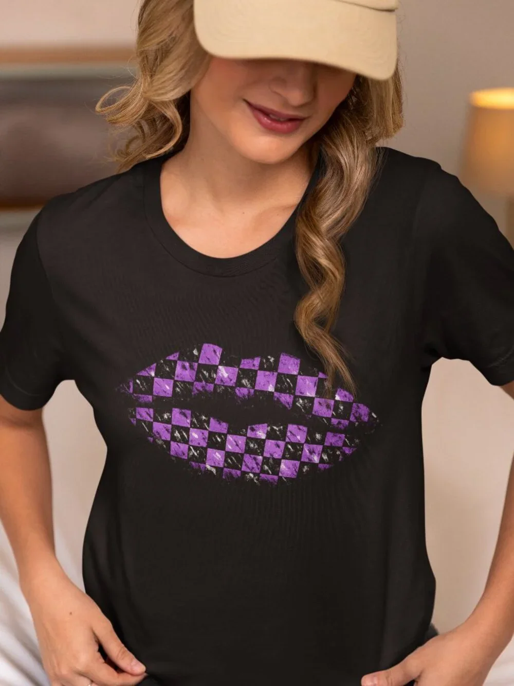 Checkered Lips T-Shirt – Distressed Graphic Tee with Transparent Knockout Purple - Picture 1 of 2
